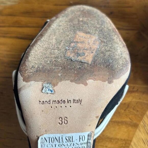 Manolo Blahnik Black White Slingback Heels Size 5.5 Suede Peep Toe Designer - Picture 3 of 7